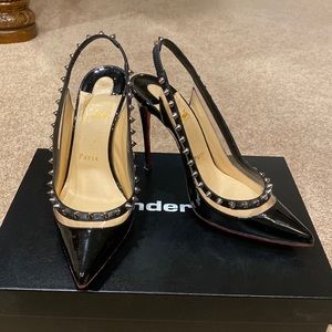 Christian LOUBOUTIN black silver spike sling back heels pumps shoes slides $890!